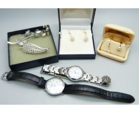 Two lady's wristwatches, Rotary and Pulsar, a pair of 9ct gold and pearl earrings, one other pair of Ciro pearl earrings, oth
