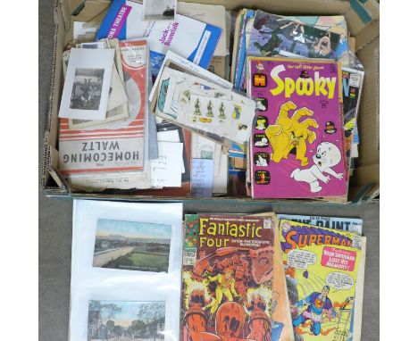 A box of ephemera including Superman/Batman comics, etc., and postcards **PLEASE NOTE THIS LOT IS NOT ELIGIBLE FOR IN-HOUSE P