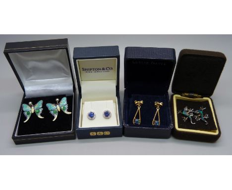 Four pairs of silver earrings including enamelled butterflies, lizards and opal set 