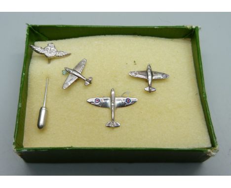A pair of silver "Spitfire" cufflinks, a tie-pin and a RAF stick pin 