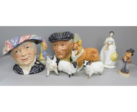 Mixed china, Royal Worcester Summertime figure, Beswick pig, dog, sheep and ewe, Pearly King and Queen and a Goebel figure 