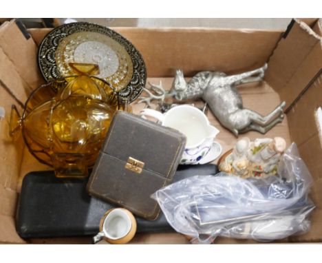 An amber coloured glass fruit set, two Hummel figures, one a/f, other china, a model stag, a model piper, a pair of silver su