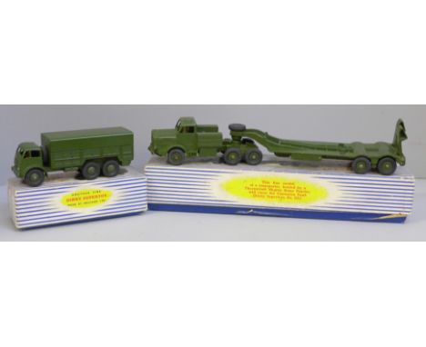 Two Dinky Supertoys die-cast model vehicles, 622 10-ton Army Truck and 660 Tank Transporter, both boxed 