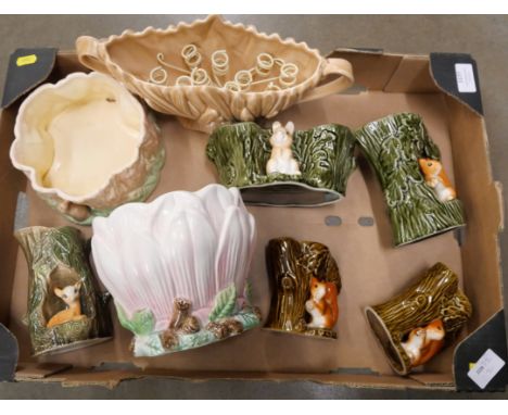 A box of Sylvac and Withernsea pottery, posy vases, squirrel vases, planter, etc. **PLEASE NOTE THIS LOT IS NOT ELIGIBLE FOR 