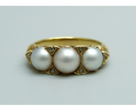 An antique yellow metal, pearl and old cut diamond ring, 5.2g, M 