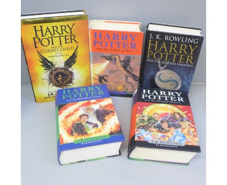 Five hardback first edition books by J. K. Rowling - Harry Potter and the Goblet of Fire (childs), Harry Potter and the Half-