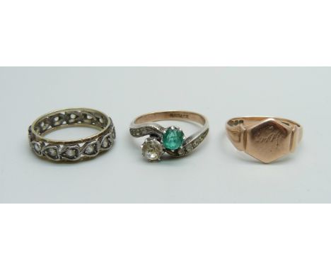 A 9ct gold ring, 2.4g, L, and two 9ct gold and silver rings, 4.8g, K and M 