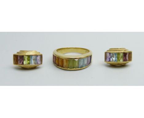 An 18ct gold multi-gemstone set ring, 6.8g, O, and a matching pair of earrings set in yellow metal and with 9ct gold butterfl
