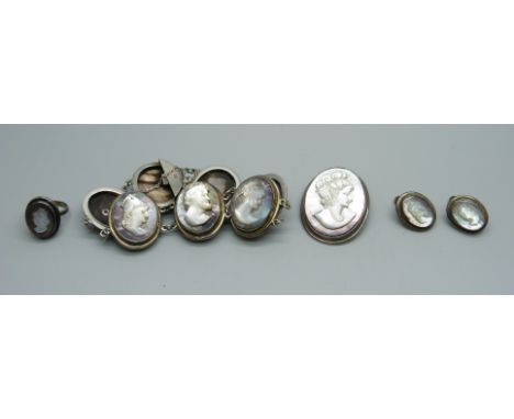 A silver cameo bracelet, ring, brooch and earrings 