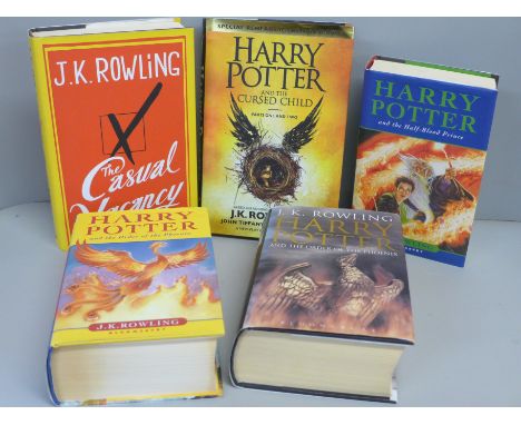 Five hardback first editions books by J.K. Rowling - Harry Potter and the Order of the Phoenix (adult and children's versions