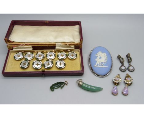 A set of six enamelled and mother of pearl buttons with matching cufflinks, a pair of opal earrings, a Wedgwood Jasperware br