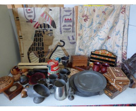 Lacquer stationery rack, various boxes, pewter dishes, Egyptian style tapestry etc 