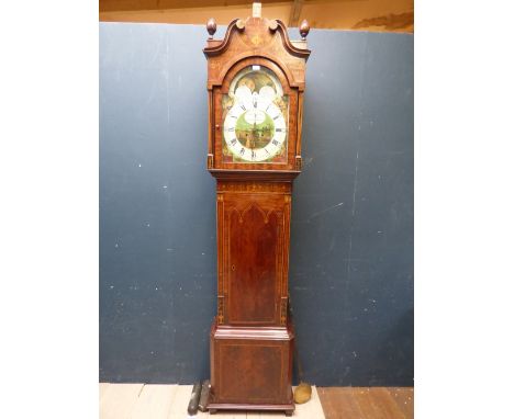 Mahogany longcase clock, painted dial with phases of the moon and minute hand by 'Edward Shepley of Manchester' with weights 