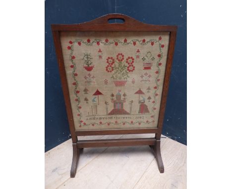 Firescreen with inset sampler, dated 1842 by 'Ann Dyson'