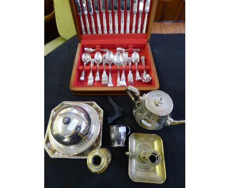 Silver plated canteen & 2 various silver plated brass chamber stick & brass candlestick