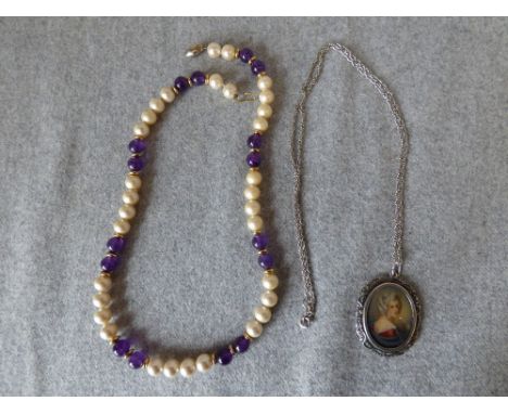 Continental silver pendant, portrait of a lady , and beaded necklace