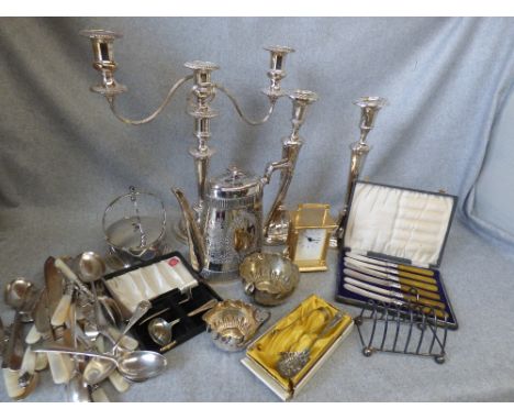 Pair Silver plated candlesticks, quantity of various silver plate & carriage clock