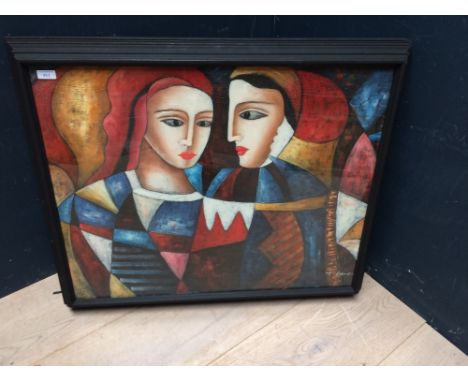 A Modern school, abstract oil painting portrait of 'Masquerade Ladies', 60 x 76 cm