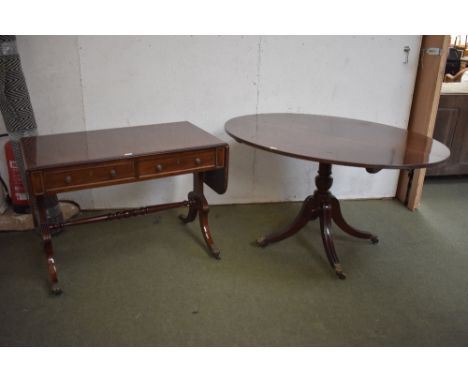 Regency style mahogany oval tilt top breakfast table on four sabre legs 76H x 140W cm & a mahogany 2 drawer sofa table 74H x 