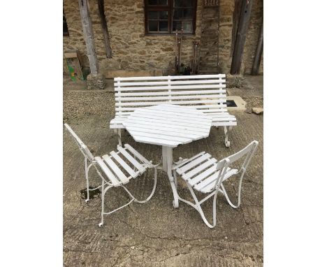 Cast iron & wooden white painted garden bench with 2 single chairs/garden table