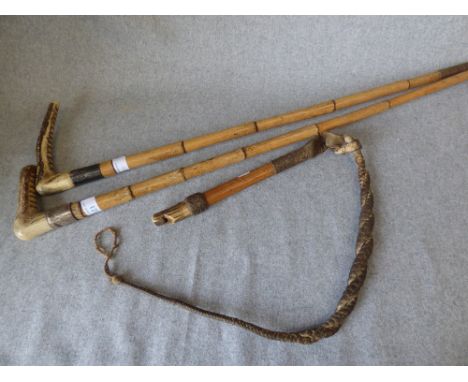 2 Antler handled hunting whips, with silver collars,  and a beagling whip