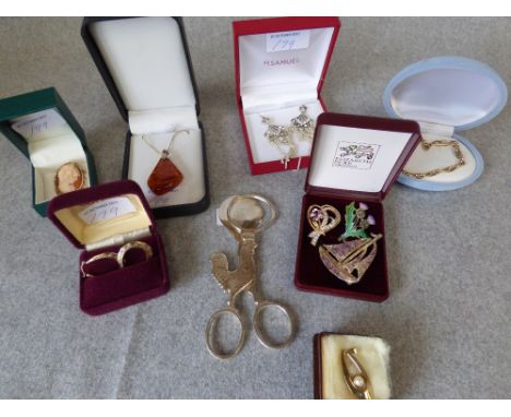 9ct gold gold chain link bracelet, pair 9ct hoop earrings, 9 ct gold pearl pendant, 9 ct gold cameo brooch, various brooches,