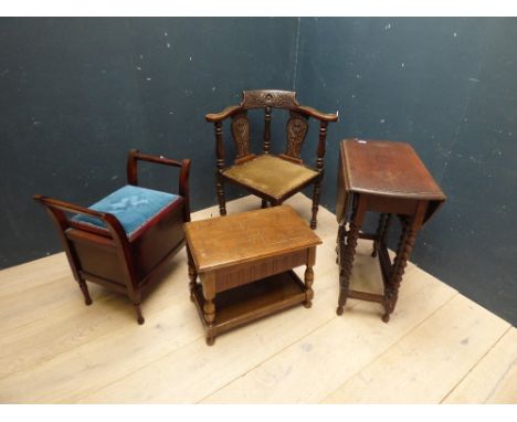 Mahogany commode, small gateleg table, pine stool containing sewing box & oak decorative corner chair