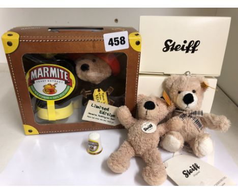 LIMITED EDITION MARMITE PADDINGTON BEAR SOFT TOY AND TWO BOXED STEIFF KEYCHAIN BEARS