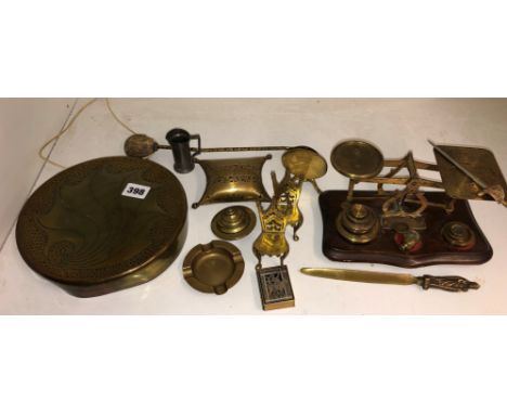 POSTAL SCALES AND WEIGHTS, MINIATURE BRASS TRIPOD TABLE AND PAIR OF THRONE CHAIRS, SERVING GONG AND OTHER BRASS AND TWO CASES