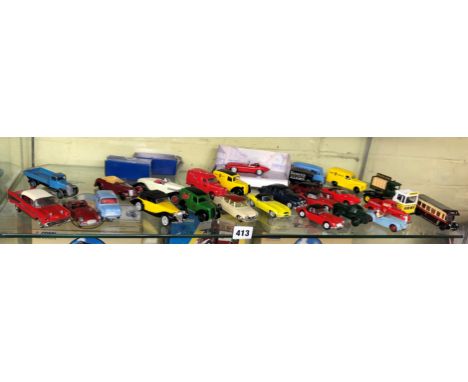 SHELF OF MAINLY CORGI DIECAST MODEL CARS UNBOXED ALONG WITH SOME VINTAGE DINKY PLAYWORN MODEL CARS INCLUDING THE TRIUMPH TR2 