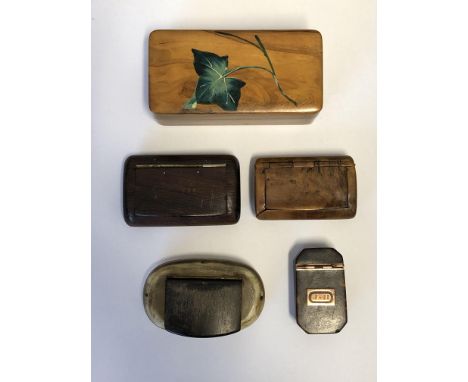 HORN SNUFF BOX, BIRCH AND ROSE HARDWOOD SNUFF BOXES, OLIVE WOOD AND PAINTED POSTAGE STAMP BOX, 19TH CENTURY ROSE METAL MOUNTE