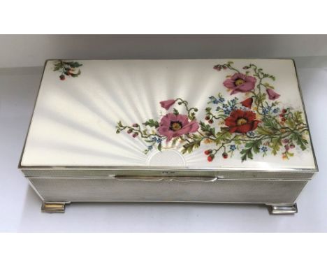 SILVER RECTANGULAR BOX WITH HINGED GULLOCHE ENAMEL LID RAISED ON OG BRACKET FEET BIRMINGHAM 18.9 0Z APPROX 