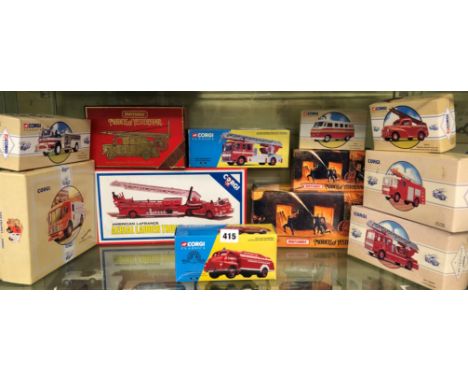 SHELF OF CORGI AND MATCHBOX BOXED FIRE ENGINE DIECAST MODELS INCLUDING THE VOLKSWAGEN FIRE MARSHALL VAN 98475, AMERICAN LA FR