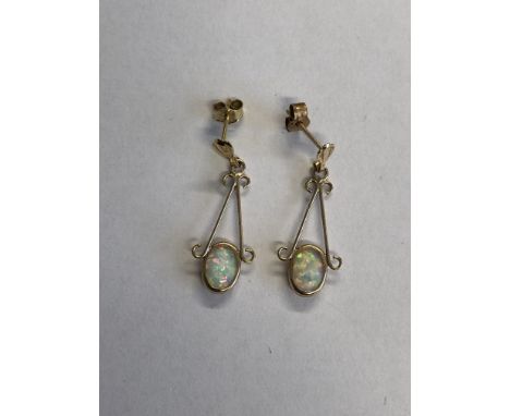 PAIR 9CT GOLD OVAL OPAL DROPPER EARRINGS