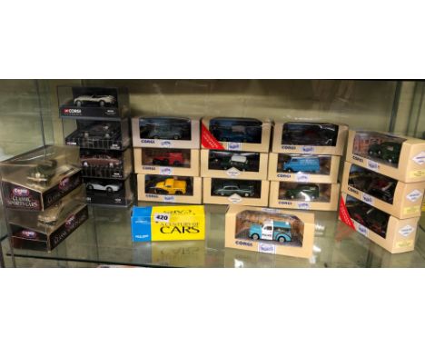 SHELF OF CORGI DIECAST MODEL CLASSICS INCLUDING SPORTS CARS INCLUDING JAGUAR XK120, JAGUAR MKII, AUSTIN HEALEY OPEN TOP (20)