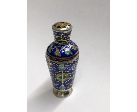 MINIATURE WHITE METAL AND ENAMEL BALUSTER SCENT BOTTLE WITH SCREW LID HEIGHT 60MM APPROX