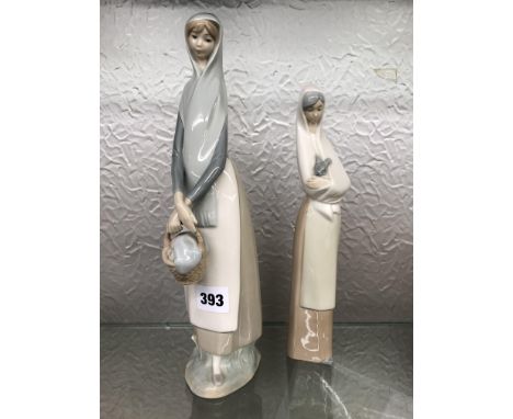 LLADRO FIGURE OF A GIRL WITH A BASKET 32CM H APPROX AND A NAO FIGURE OF A GIRL WITH A RABBIT 27CM H APPROX