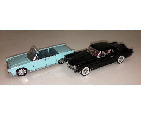 FRANKLIN MINT 1:42 SCALE PRECISION MODEL 1956 BLACK  LINCOLN CONTINENTAL AND A 1961 BLUE AND GREEN LINCOLN CONTINENTAL CONVER