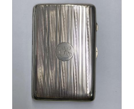 SILVER CIGARETTE CASE WITH ENGINE TURNED BANDS BIRMINGHAM 1913 ENGRAVED MONOGRAM C/H/ FOR CAPTAIN CHARLES HILTON M.C. EAST SU