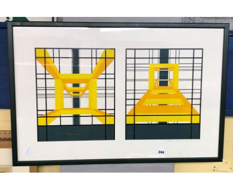 LIMITED EDITION MODERNIST PRINT OF VIEW ON PERSPECTIVE OF A LADDER 39/50 SIGNED F.R. CRU? IN A GREEN PAINTED FRAME, GLAZED 63