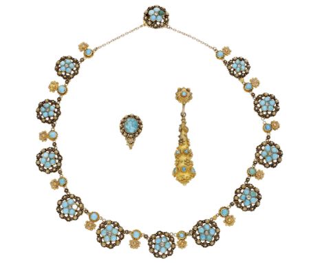 A cannetille turquoise necklace, circa 1830, composed of turquoise clusters, each with a rose-cut diamond highlight to the ce