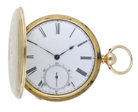 Rotherhams. A gold hunting cased watch, 1855. Movement: gilded three quarter plate, jewelled lever escapement. Dial: white en