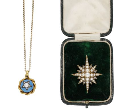 A Victorian gold half pearl and star brooch/pendant, with rose-cut diamond highlights, detachable brooch fitting, in fitted c
