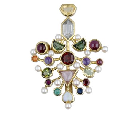 A multi gem-set brooch/pendant, set throughout with vari-cut gemstones, including aquamarine, garnet, opal, tourmaline, emera