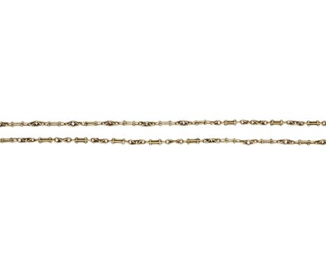 A late 19th / early 20th century gold fancy-link chain, the wirework batons with ropetwist detailing, partial hallmarks possi
