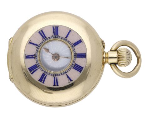 Swiss. A small gold half-hunting cased keyless watch, circa 1920. Movement: lever escapement. Dial: translucent enamel over a