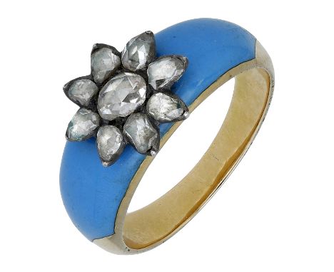 An enamel and diamond set ring, the tapered band with turquoise enamel to the front. with later applied rose-cut diamond clus