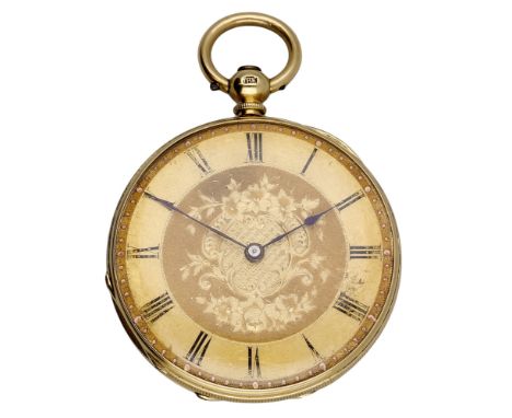 Swiss. A gold open-faced watch, circa 1840. Movement: cylinder escapement.  Dial: gilt, engine-turned chapter ring, Roman num