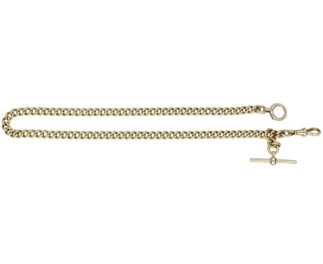 An 18ct gold Albert chain, the curb-link chain to swivel and bolt ring clasps, T-bar terminal, partial hallmarks throughout, 