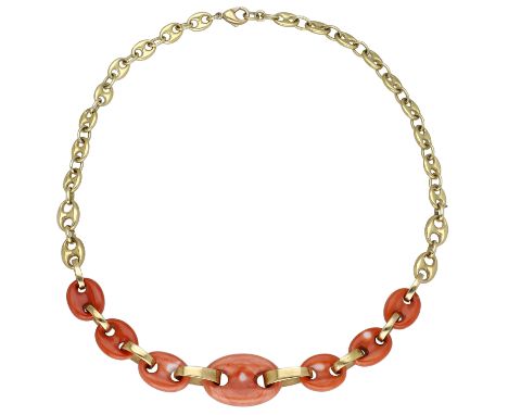A coral and gold anchor-link necklace, centred with gradating Corallium rubrum coral links, with gold anchor-link back chain,